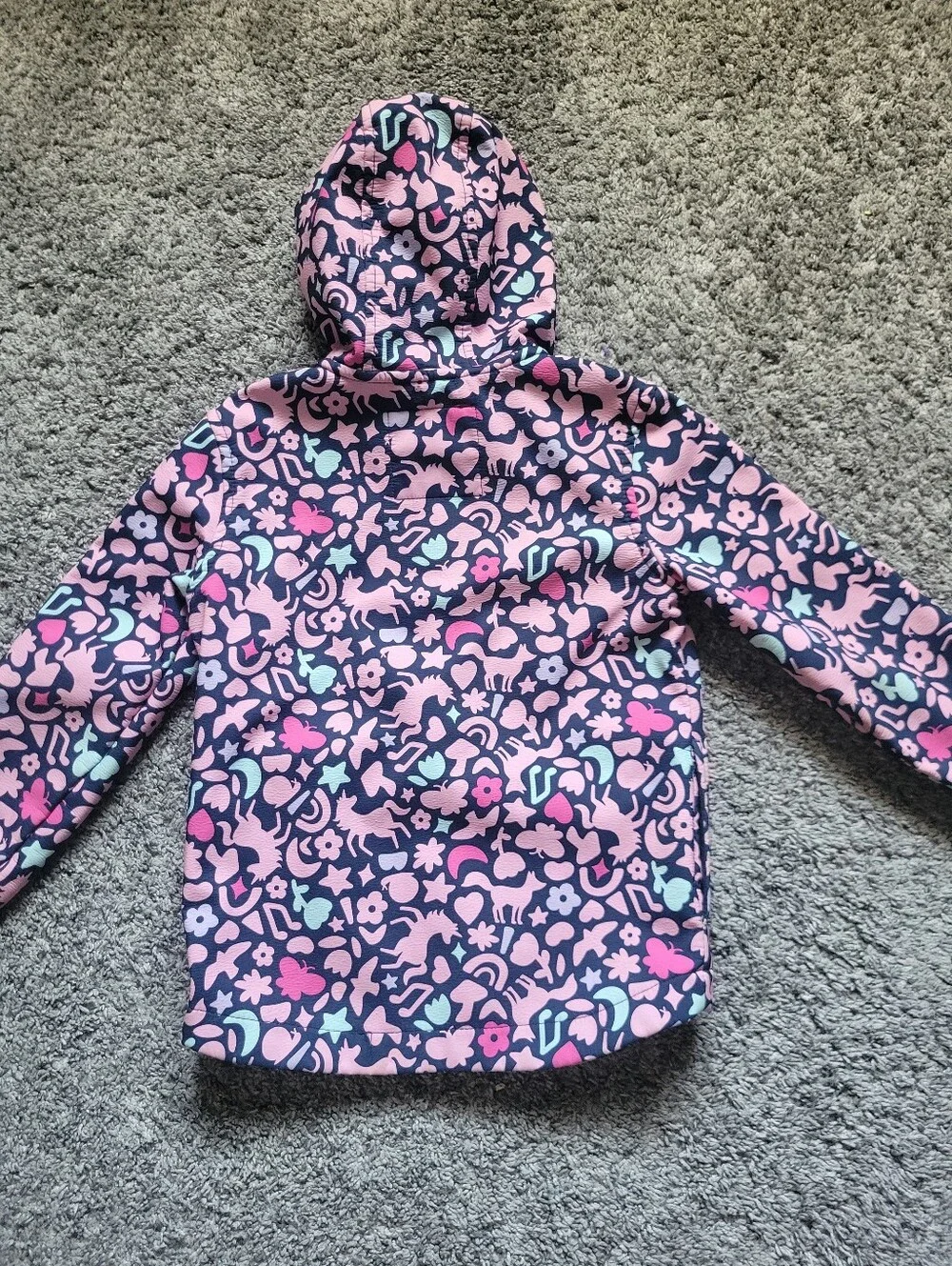 Girls' Pink & Navy Unicorn Patterned Hooded Jacket Size 5T Zipper Closure Fleece